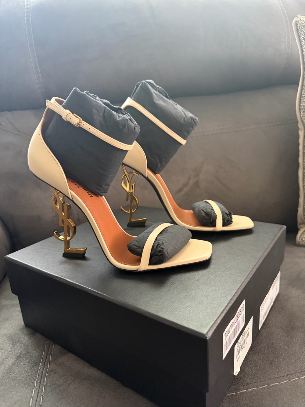Saint Laurent Cream Leather YSL Monogram Heel Sandals